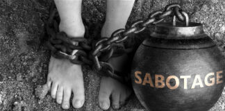 Sabotage as a negative aspect of life - symbolized by word Sabotage and and chains to show burden and bad influence of Sabotage, 3d illustration