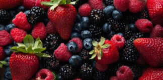 strawberries and blueberries on white ceramic plate