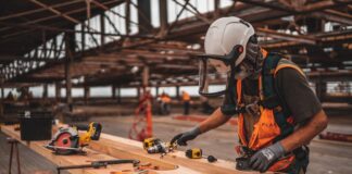 man in orange and black vest wearing white helmet holding yellow and black power tool