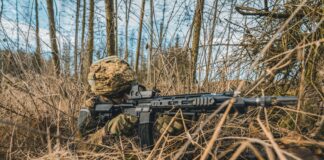 black and brown assault rifle on brown dried leaves