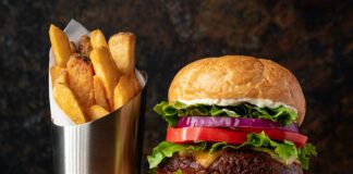 burger with lettuce and fries