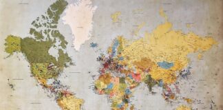 blue, green, and yellow world map