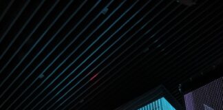 man in black jacket standing on blue lighted room