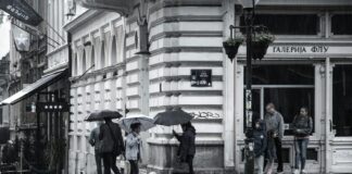 grayscale photography of people walking on street