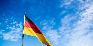 blue, red, and yellow flag