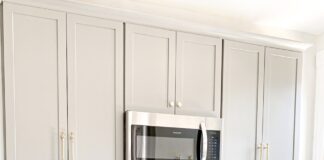 white microwave oven on white wooden cabinet
