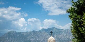 a city with a tower and a body of water in the background