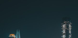 city skyline during night time