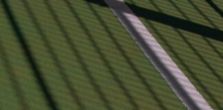 a tennis racket and four tennis balls on a court