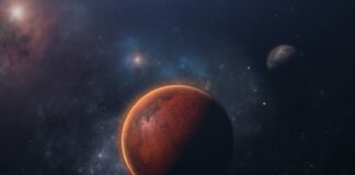 an artist's rendering of a red planet in space
