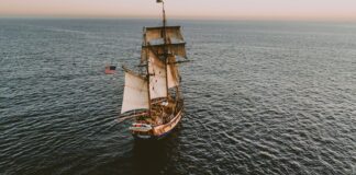 brown sailboat in beach under white sky