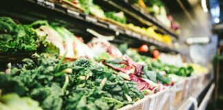 row of vegetables placed on multilayered display fridge