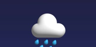 a white cloud with blue rain drops on a dark blue background
