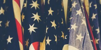 closeup photo of United States of America flag