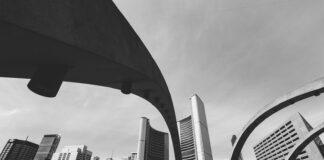 grayscale photo of city