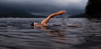 man swimming on body of water