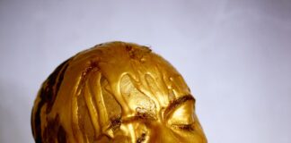 person coated with gold colored liquid posing