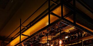 turned-on filament bulb lights at bar counter