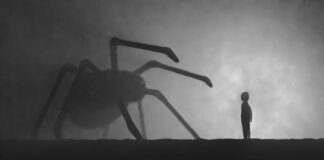 a person standing in front of a giant spider