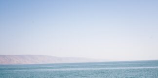 a rocky beach with a body of water in the background