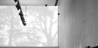 a man and a woman looking at art on the wall