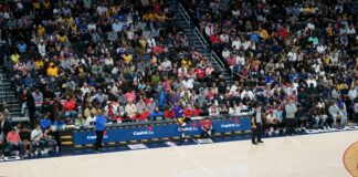 a crowd of people watching a basketball game
