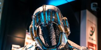 blue and black helmet on blue and white textile