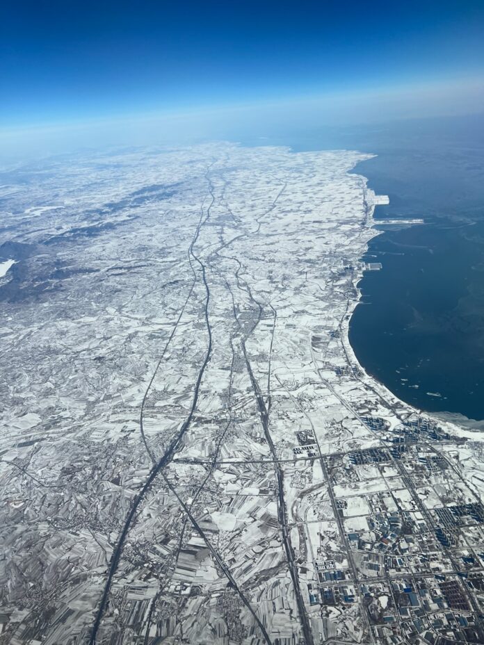 an aerial view of a large body of water