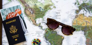 brown framed sunglasses on map