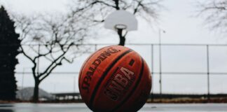 Spalding basketball in court