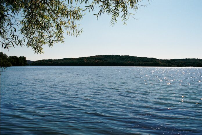 A body of water surrounded by trees and a hill