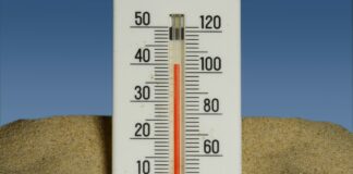 A thermometer in the sand with a blue sky in the background