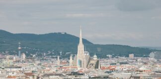a city with a mountain in the background