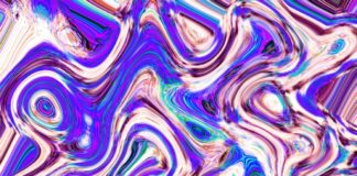 Abstract, wavy, and colorful pattern in blues and purples.