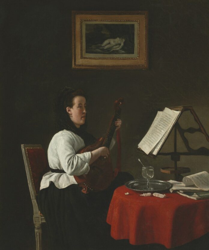 a painting of a woman playing a guitar
