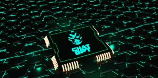 a computer chip that is glowing green in the dark