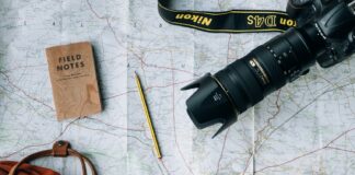 flat lay photography of camera, book, and bag