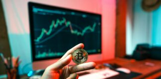 a person holding a coin in front of a computer