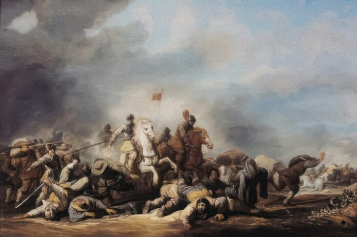 a painting of a group of men on horses
