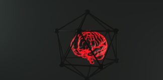 Glowing brain encased in a geometric structure.