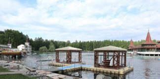 A row of lawn chairs sitting next to a body of water