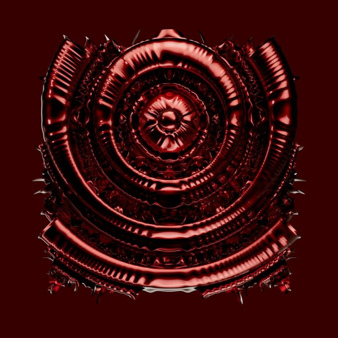 A red, abstract, futuristic design is shown.