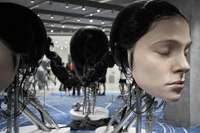 A group of mannequins with headphones on