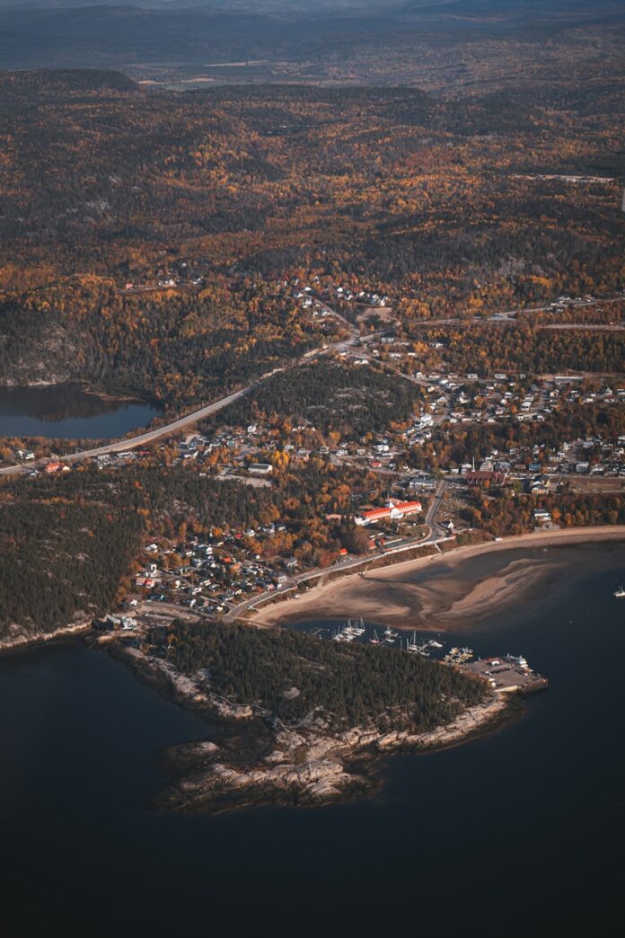 Aerial view of a coastal town in autumn