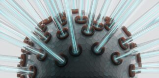 Man with electrodes on head emitting light beams