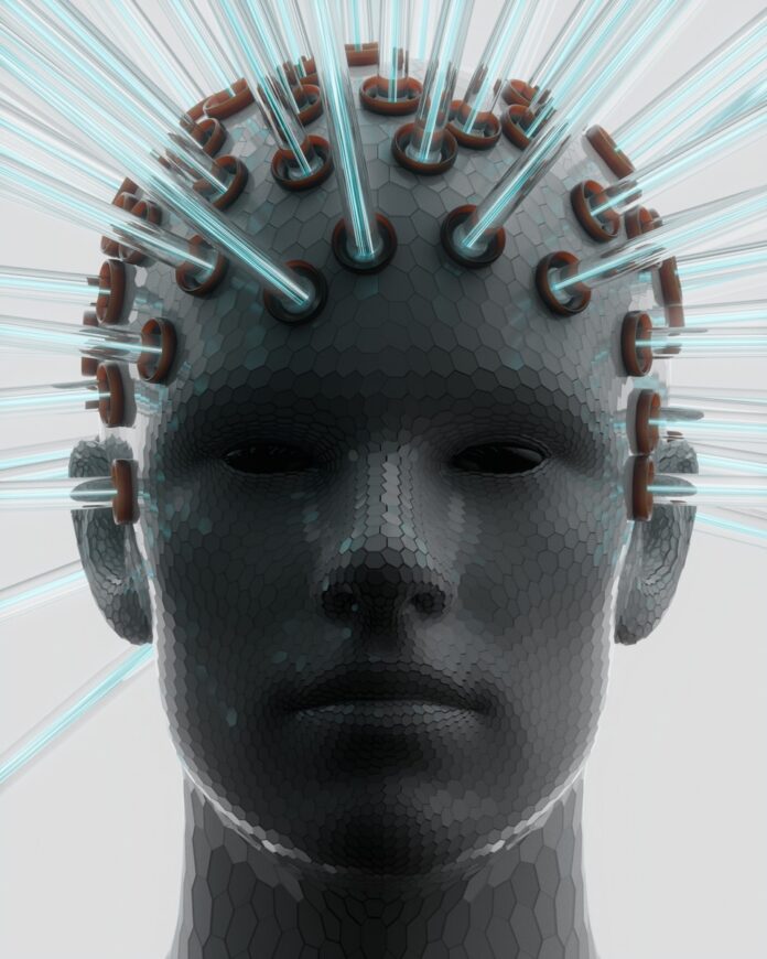 Man with electrodes on head emitting light beams