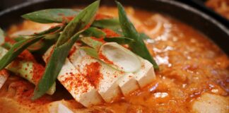 Close-up of spicy korean stew with tofu and scallions