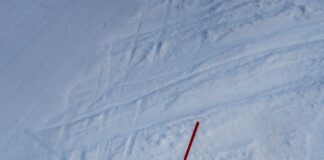 a ski slope with a red pole sticking out of the snow