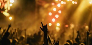 a crowd of people at a concert with their hands in the air