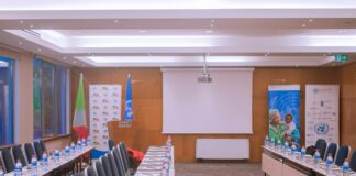 A conference room set up for a meeting.